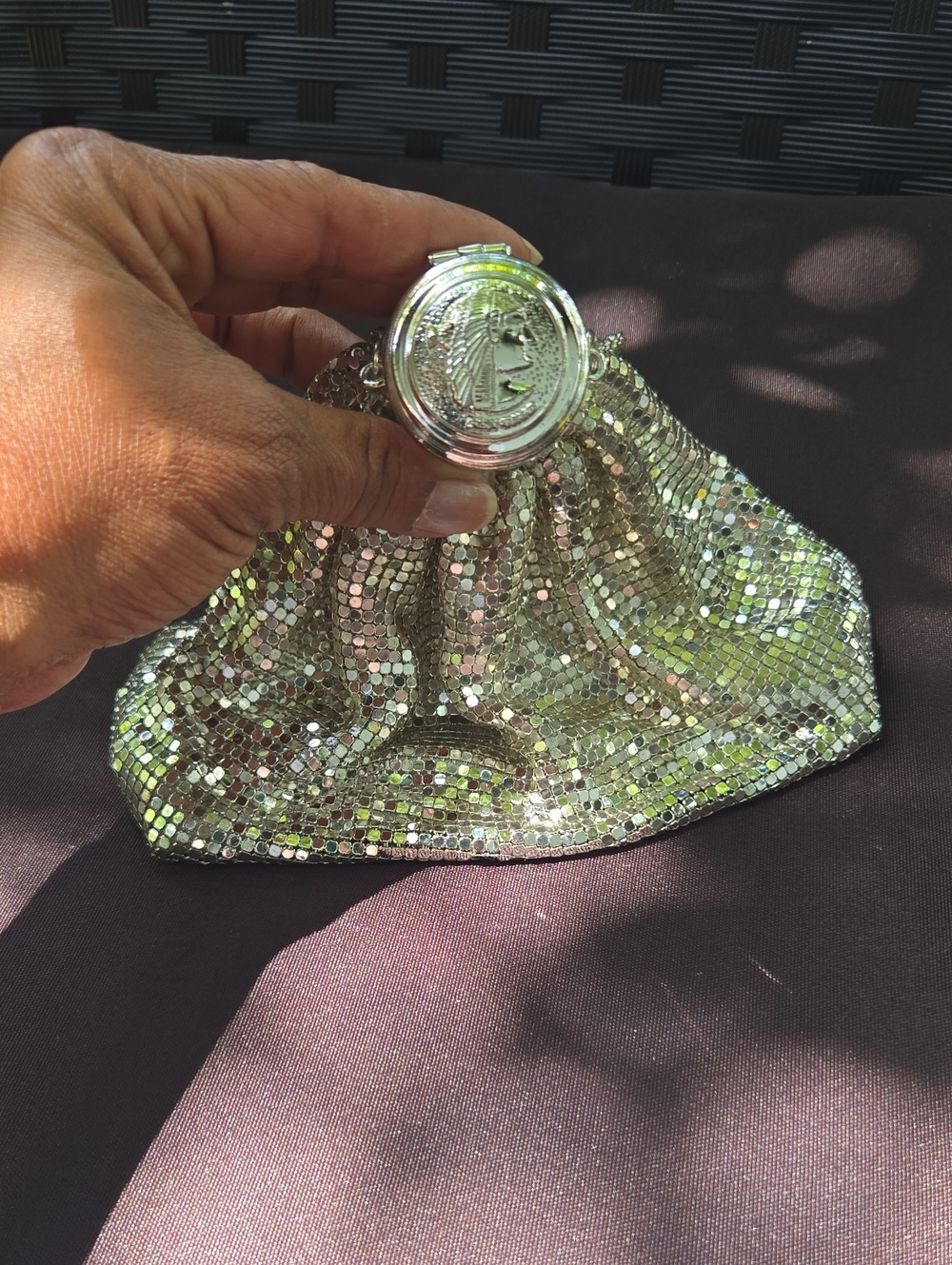 Silver Sequin Evening Clutch with Decorative Medallion Clasp
